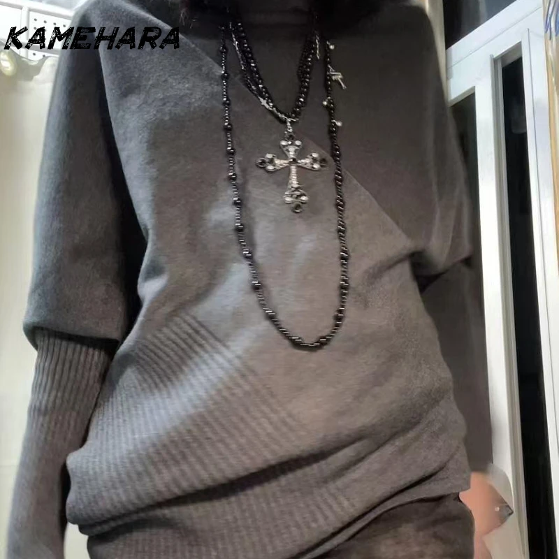 KAMEHARA بلوفرات أمريكية أنيقة غير متناظرة طويلة محبوكة بأكمام تشبه جناح الخفّاش Y2k Harajuku سترات خريفية للسيدات للمكتب سترات فاسق #2