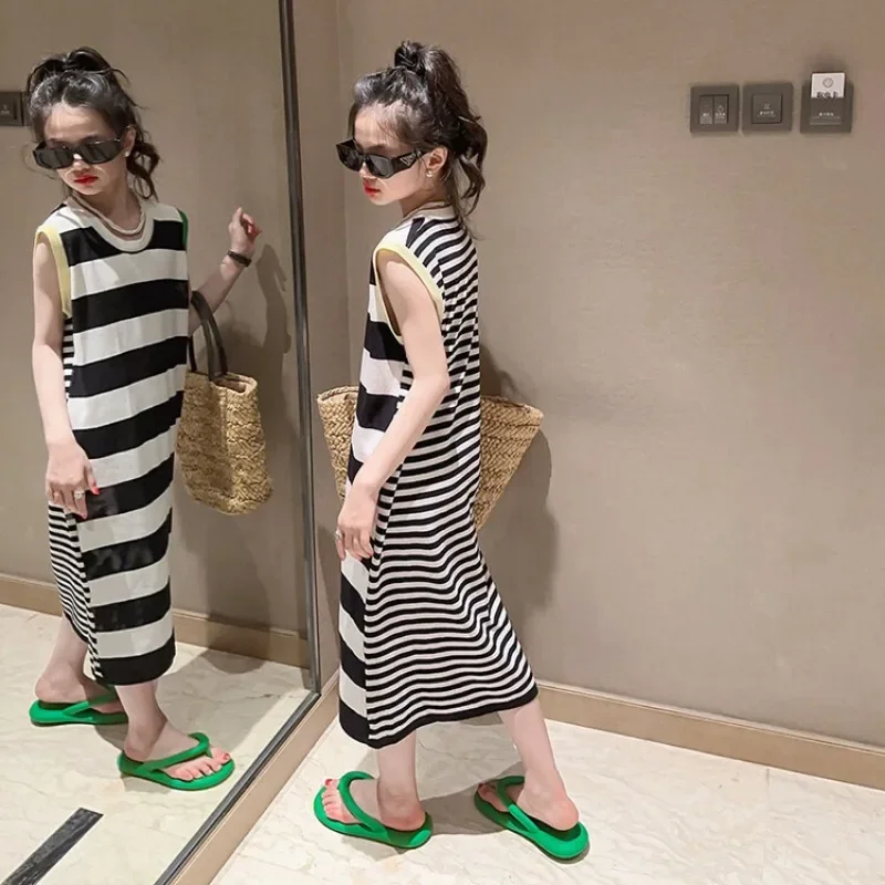 Summer Girls Striped Dress Fashion Sleeveless Vest O-neck Princess Dresses for Kids Casual Design 12 13 Years Children Costumes