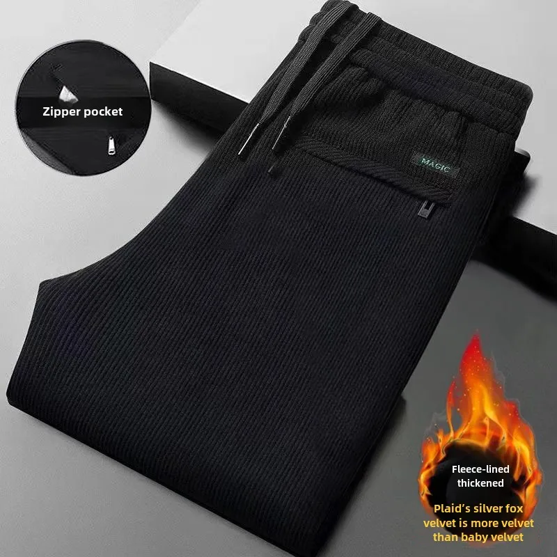 Winter Warm Casual Pants for Men with Full Length Brushed Pants Plus-Size Loose Fit Velvet Corduroy Trousers Baggy Sweatpants