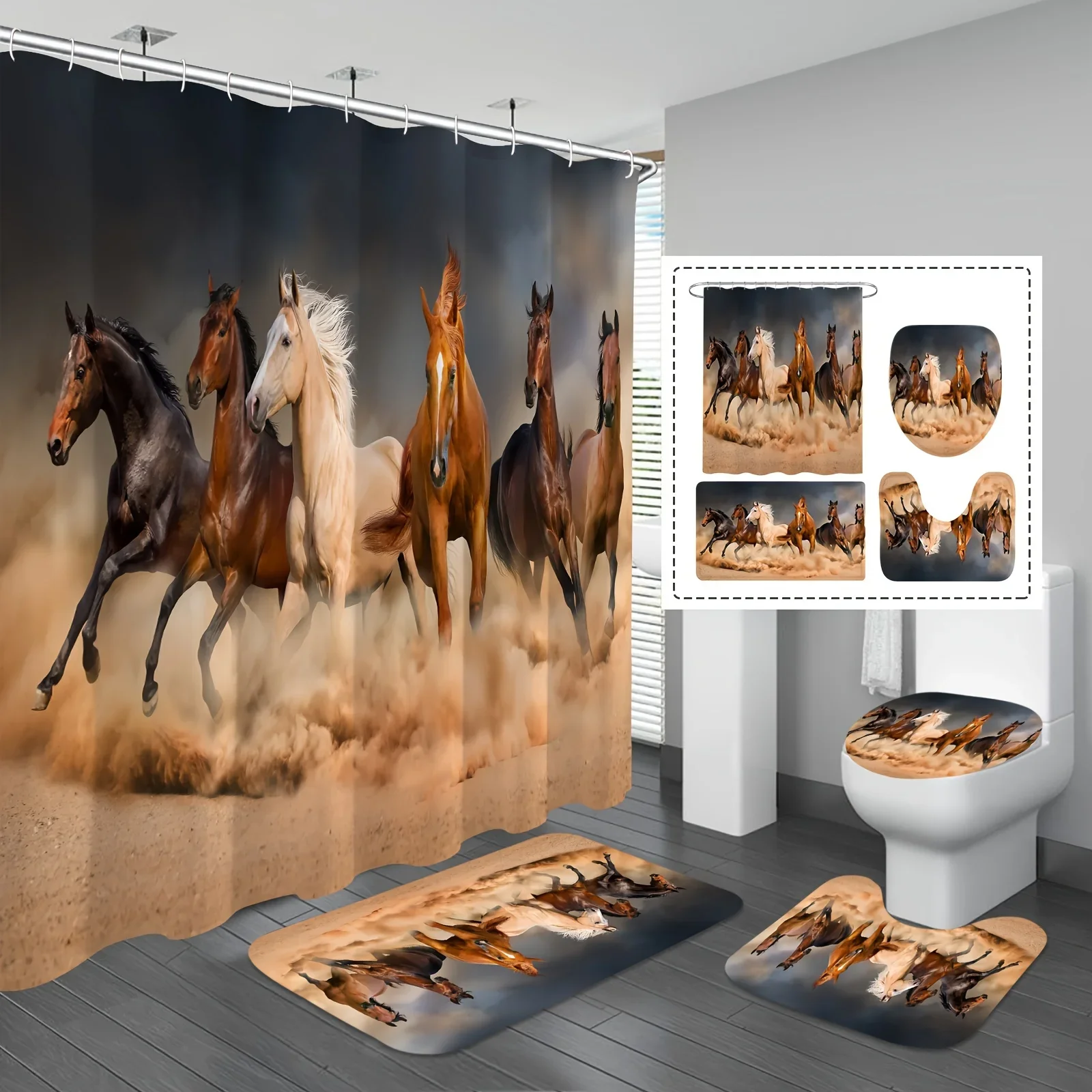 

Galloping Horses Bathroom 4-Piece Set Waterproof Shower Curtain Non-Slip Mats Soft Microfiber Material Stunning Design