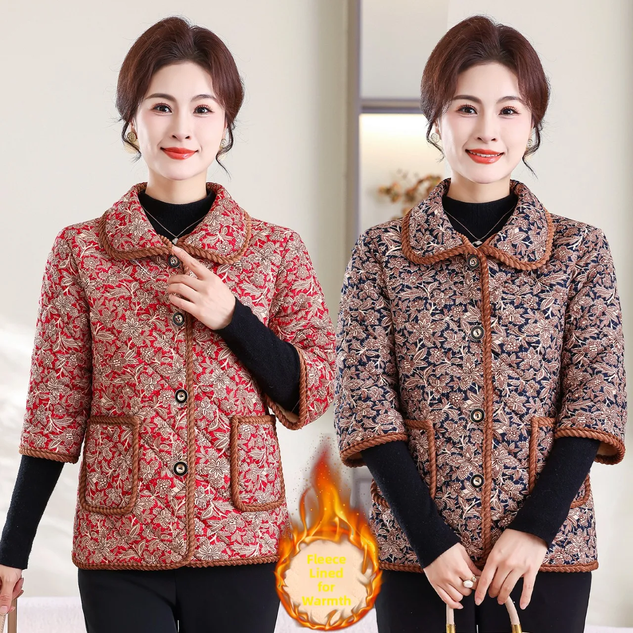 

Loose Fce Lined Cotton Jaet Mommy Sle Warmth Floral Print f Sve Outerwear for Women ly Autumn Faion