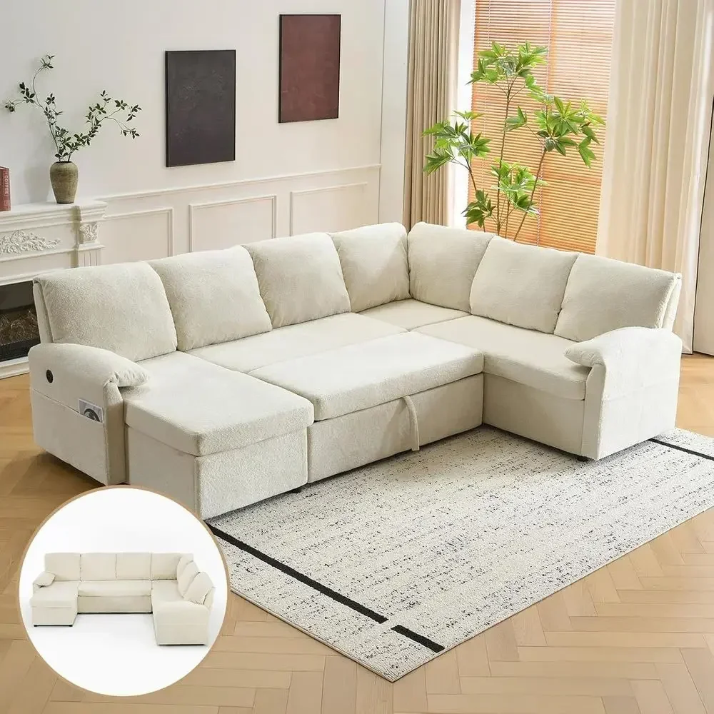 Convertible Sofa Bed with Cloud-Soft Plush Leather, Storage Chaise, USB Ports, and Side Pockets