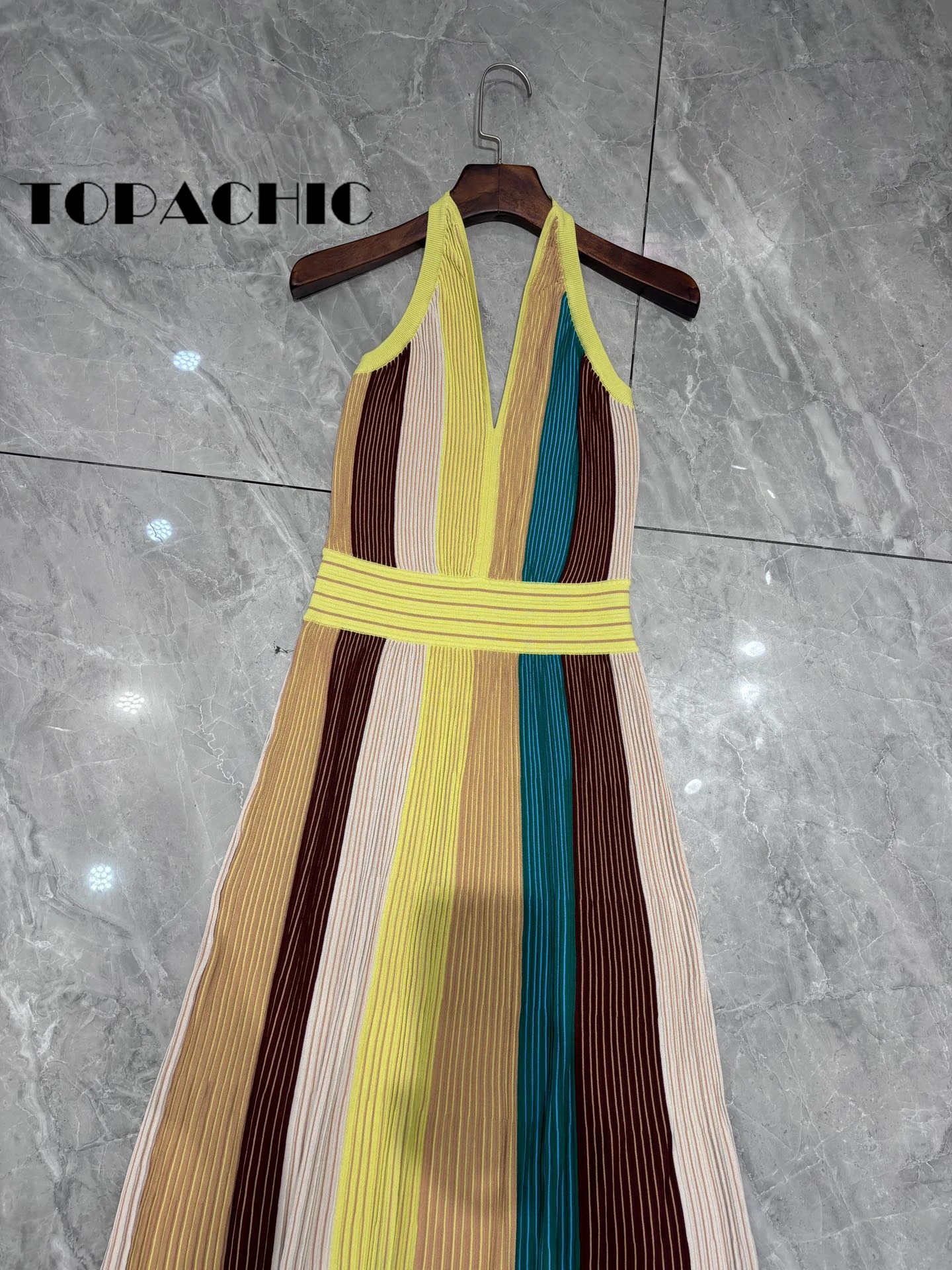 5.8 TOPACHIC-Women\'s Elegant Striped Contrast Color High Collect Waist Long Dress Sexy Backless Halter Sleeveless Knit Dress