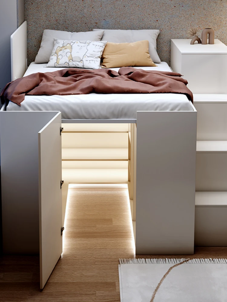 Apartment Functional Bed with Light Bed with Wardrobe Pneumatic Rod Elevated Bed Cabinets under Bed Cloakroom Bed Integrated