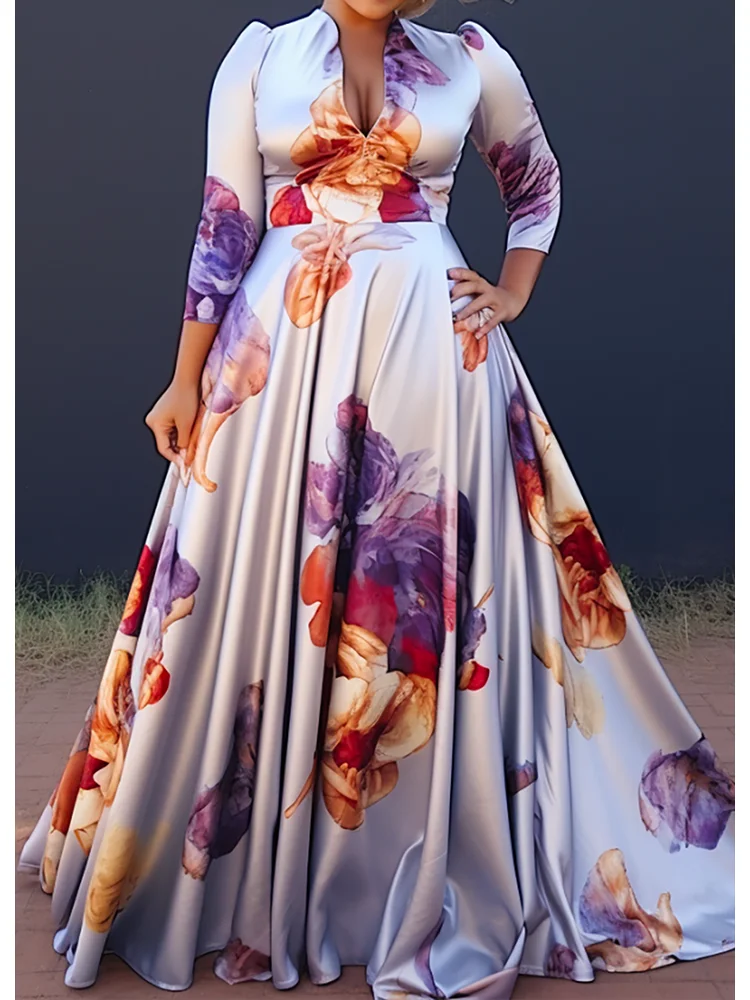 Plus Size Floral Printing Maxi Dresses Elegant Multicolor V Neck 3/4 Sleeve Cotton Long Dress Party Wedding Evening Dress 2024