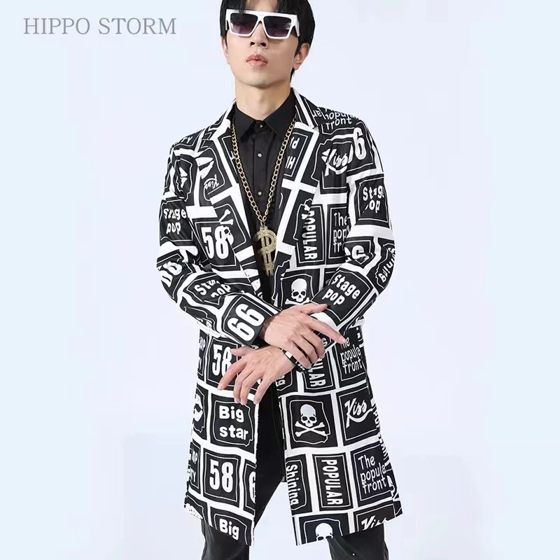 Icon Printed Suit Trendy Men's Korean Version Medium Length Clothing Bar Nightclub Party DJ Singer Stage Performance Outfit