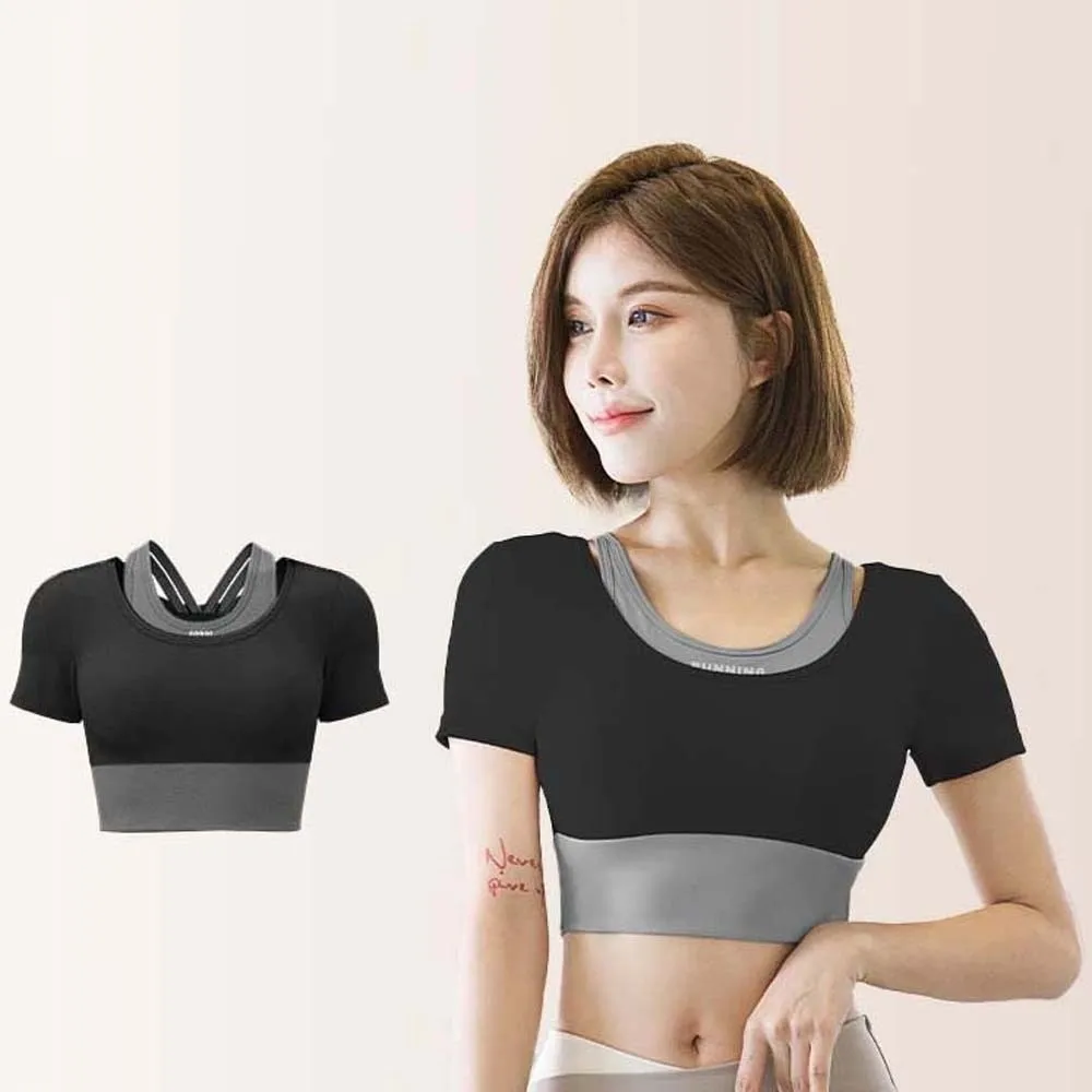 Combined in One Sports Top with Bra Tight Contrast Color Fitness Short-Sleeved Thickened Fake Two-piece Plus Size Short Top