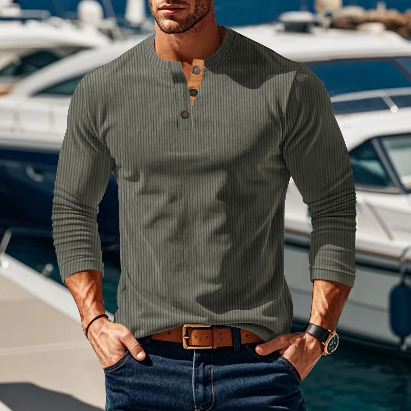 Cross-border New Long-sleeved T-shirt Bottoming Shirt Four-button Corduroy Slim Men Cw49618
