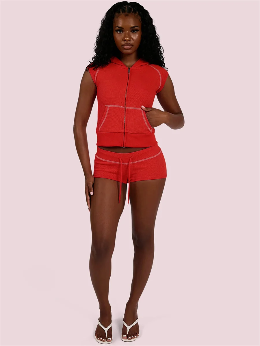 

Sisterlinda Trend 2 Piece Set Women Line Patchwork Hooded Sleeveless Zip Crop Jacket+Drawstring Bike Short Fashion Street Suits