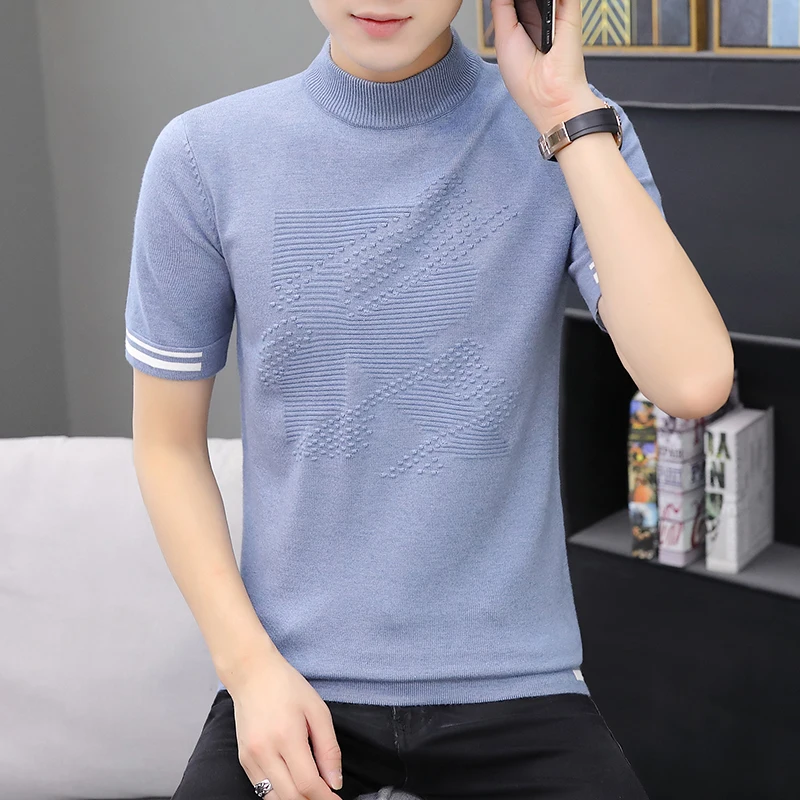 

Мужской облегающий вязаный свитер с воротником-стойкой и коротким рукавом, однотонный, простой, теплый, осенний