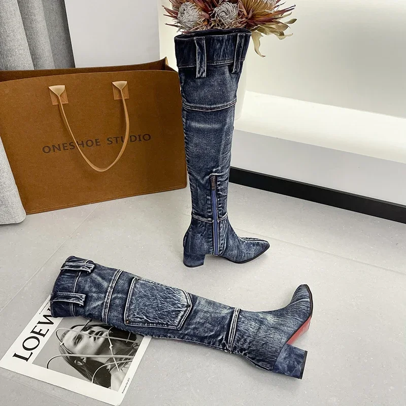 Buty damskie 2022 jesień Sexy Jean buty kobiety kolana wysokie buty Zip szpilki stylowe dżinsy buty damskie Denim Boot kowbojki