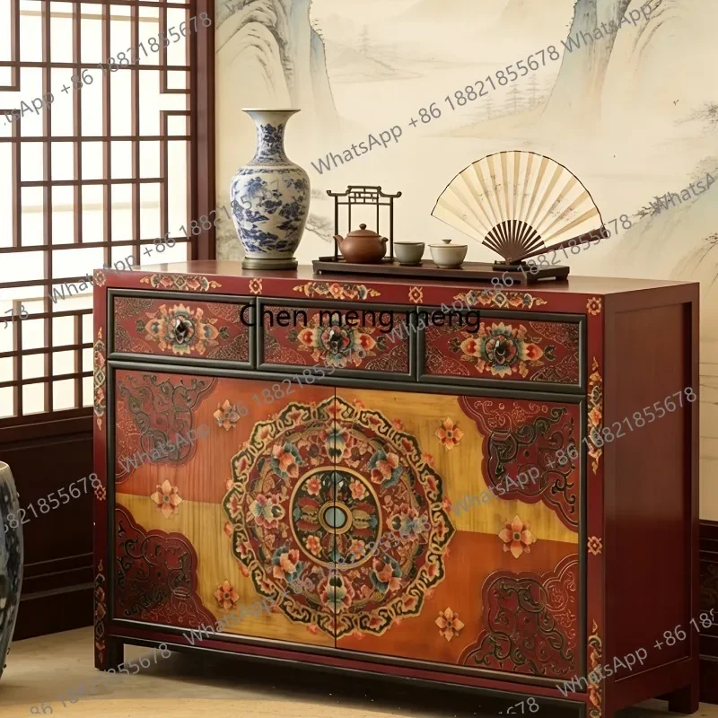 HR Tibetan painted dining side cabinet Chinese retro solid wood hand-painted, antique partition decorative entrance cabinet