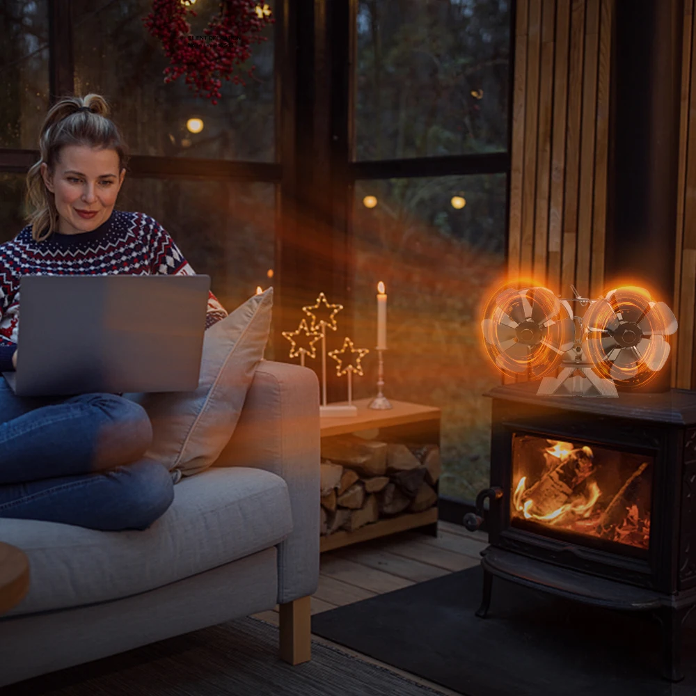 LT416 Dual Head Fireplace Fan Quiet Operating 180-220CFM 1400rpm Aluminum Alloy 6 Blade Heat Powered Wood Stove Fan