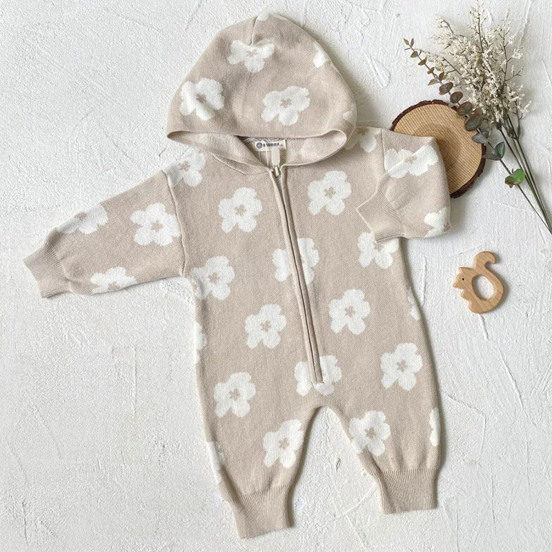 الرضع فتاة مقنعين متماسكة بذلة الخريف الطفل متماسكة رومبير سستة الوليد زهرة طباعة سترة هوديي طويلة الأكمام طفل الملابس #4