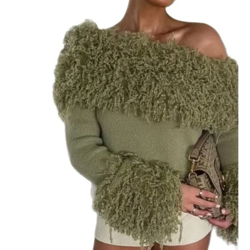 

Winter New Fashionable Design Slanted Shoulder Collar Texture Fringed Pullover Knitted Sweater
