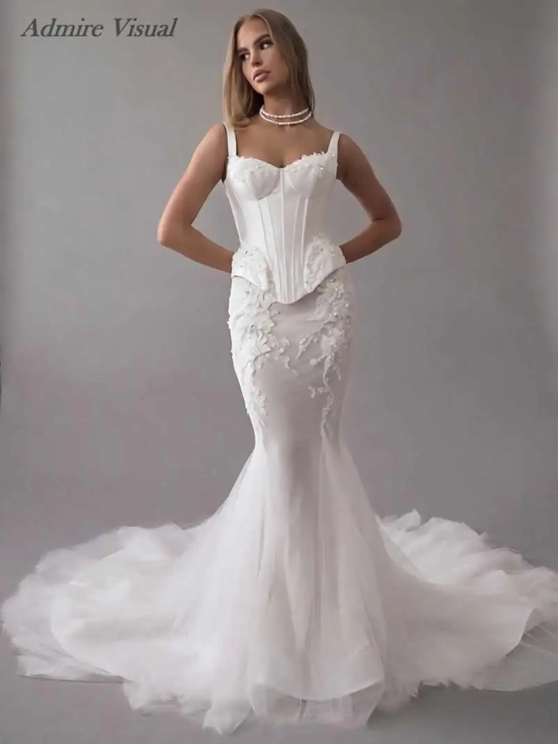 Admire Visual Classic Wedding Dress Mermaid Satin Boat Neck Neckline Sleeveless With Shoulder Straps Customized Bride Gowns