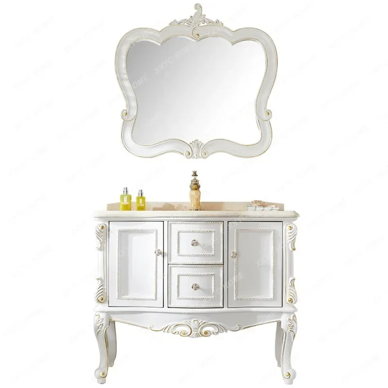 

Simple European-Style Bathroom Cabinet Combination Oak Solid Wood Washbasin Cabinet Arc Bathroom Cabinet Marble Inter-Platform