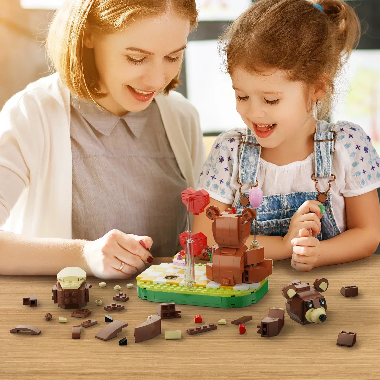 MOC San Valentino Romantico Orso Rosa Building Block Set Simpatici Animali Coppia Orso Bruno Modello Decorazione di Nozze Fai da Te Giocattoli Regali