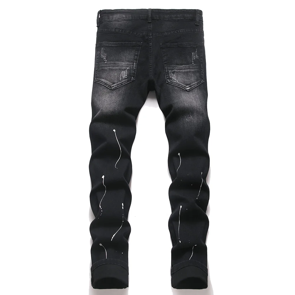 Men's Slim Fit Jeans Streetwear Crystal Rhinestone Patch Denim Pants Black Ripped Distressed Skinny Tapered Trousers
