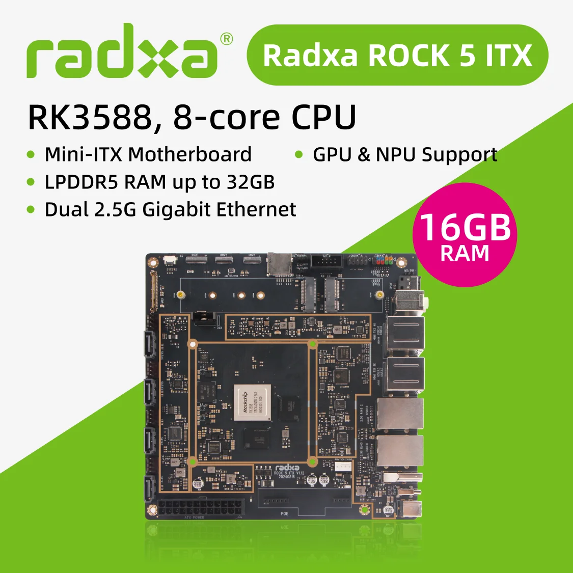 NYRadxa ROCK 5 ITX, CPU 8-inti RK3588, Motherboard Mini-ITX, RAM LPDDR5, HDMI 8K, Komputer Papan Tunggal