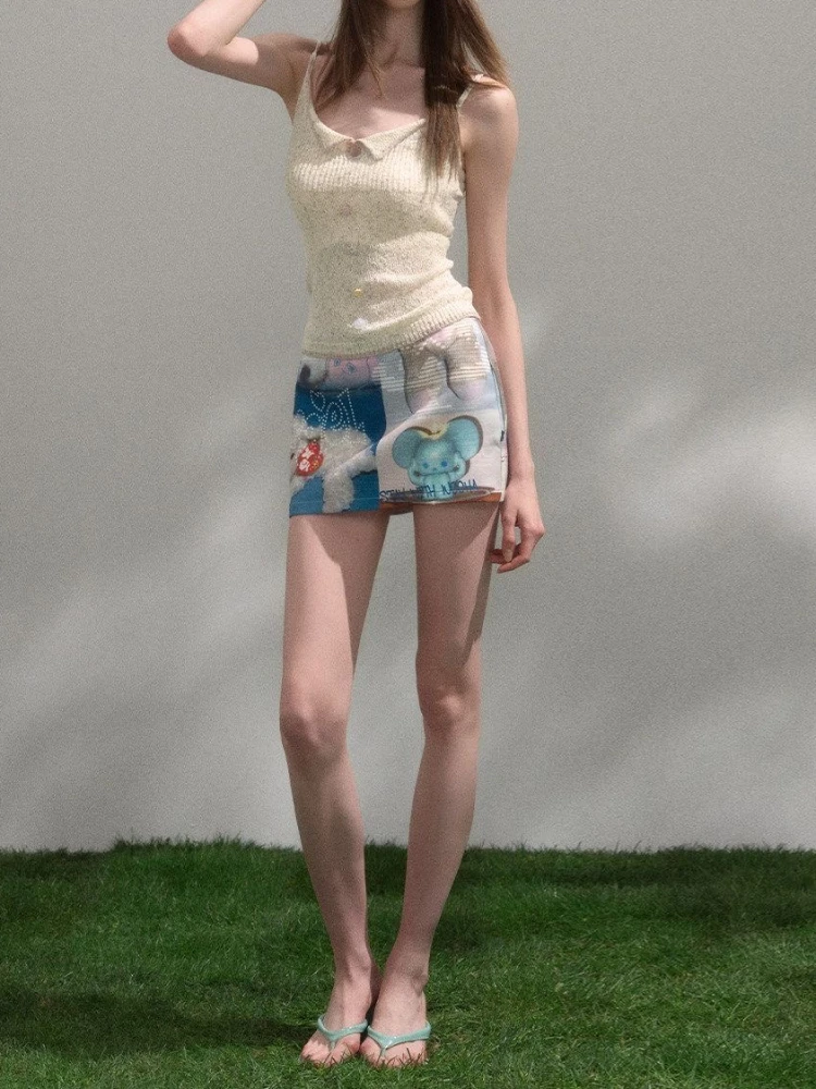 Women Y2K Cute Cartoon Animal Print Mesh Mini Skirt High Waist Bodycon A Line Skirt Summer Streetwear Aesthetic Clubwear