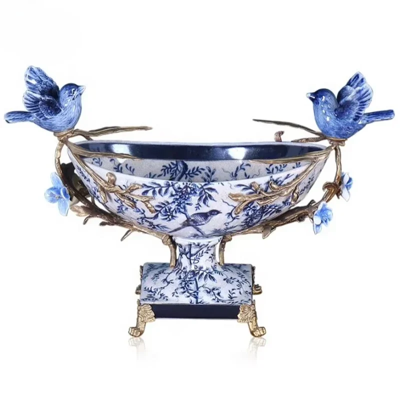

European luxury handmade blue and white porcelain with brass home decoration accessories, square base bird fruit pot bowl bowl