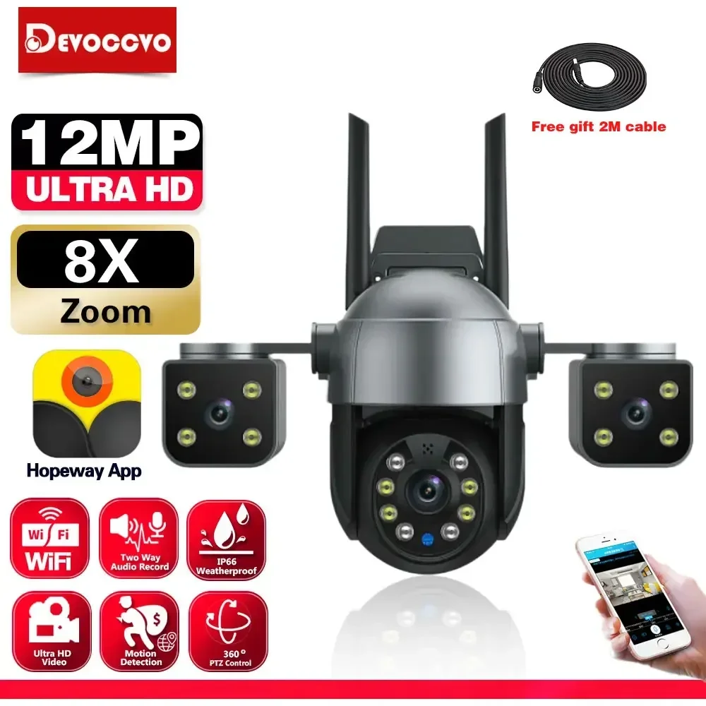 Outdoor 12MP Three Lens WIFI PTZ IP Camera with 4K Three Screens Human Auto Tracking Security CCTV Surveillance Cam 2 Way Audio