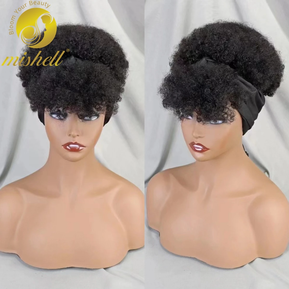 

Short Natural Machine Made Wig Scarf Wig with Bangs Afro Kinky Curly Human Hair Wig PrePlucked 200% Density for Black Women