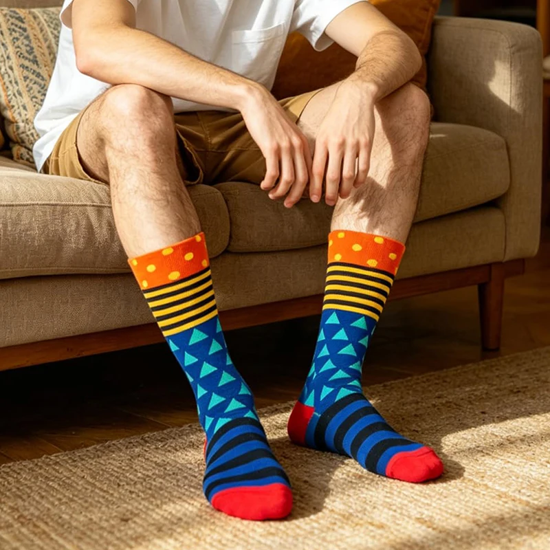 5 Pairs Men Novelty Fun Socks Bright Geometric Plaid Stripe Polka Dot Pattern Socks Colorful Casual Mid‑Calf Socks Gifts for Men