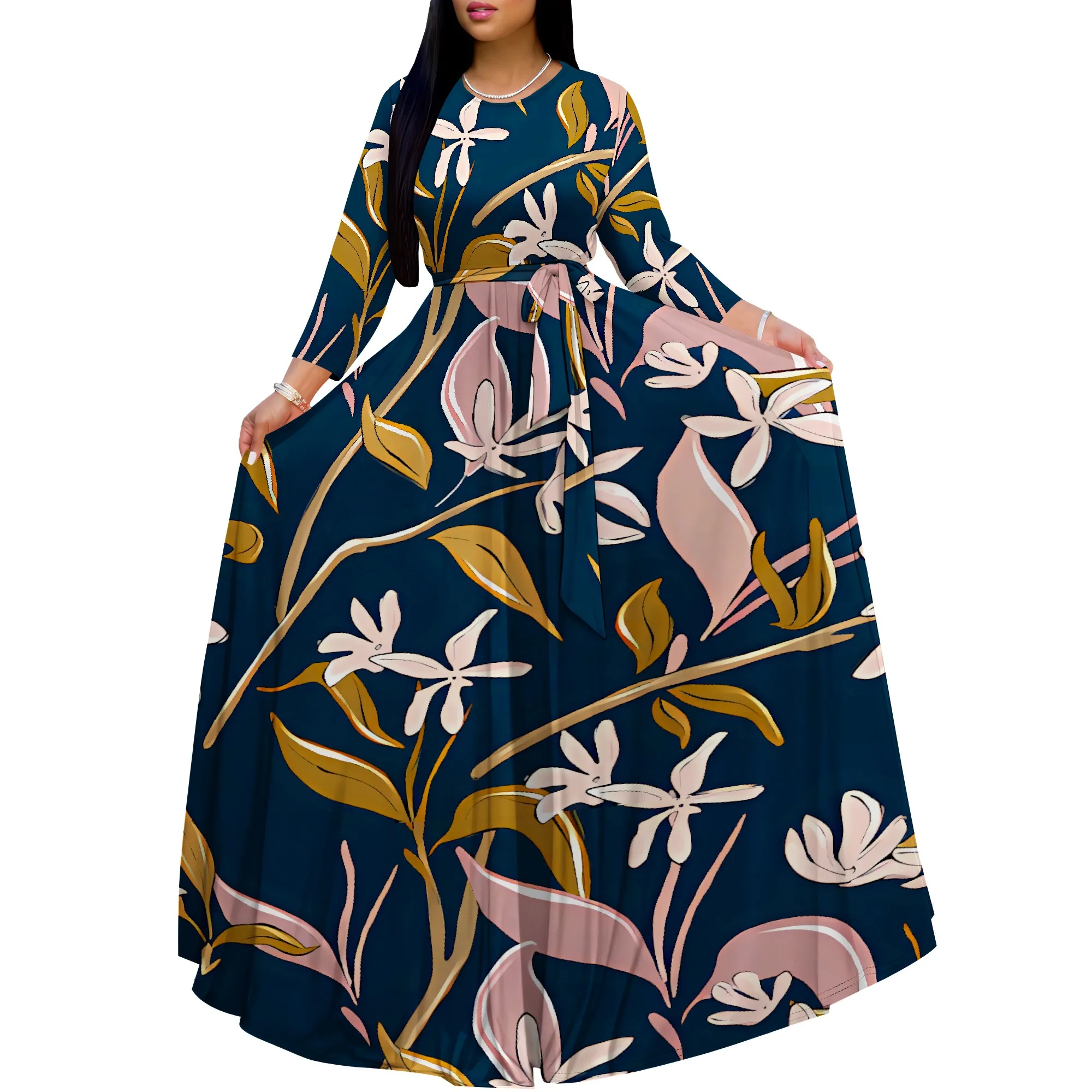 Floral Print Long Sleeve Maxi Dress for Women Peach Background Boho Style V-Neck Casual Outfit