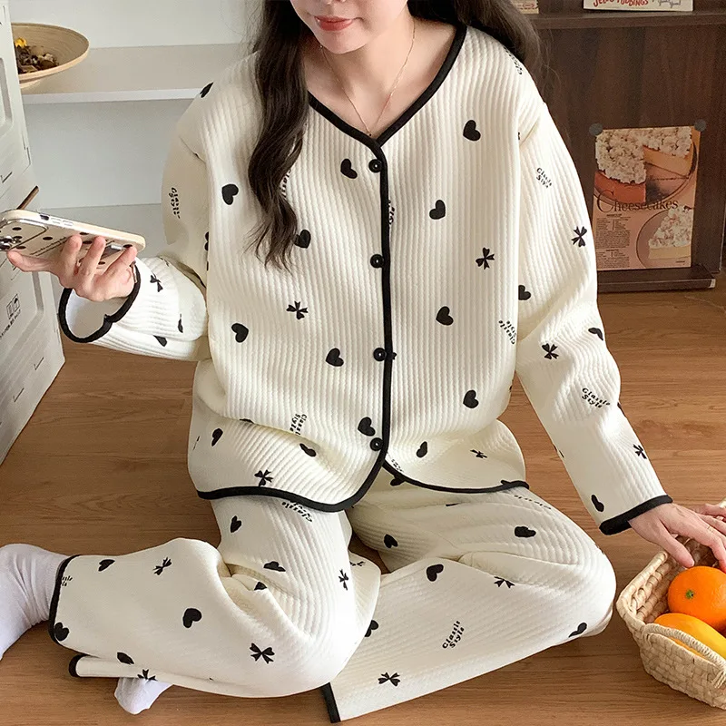 

Women's Jacquard Plus Size Pajamas Girl Autumn Winter Long Sleeves Air Cotton Thicken Flannel Fleece-Lined Two Pieces Homewear