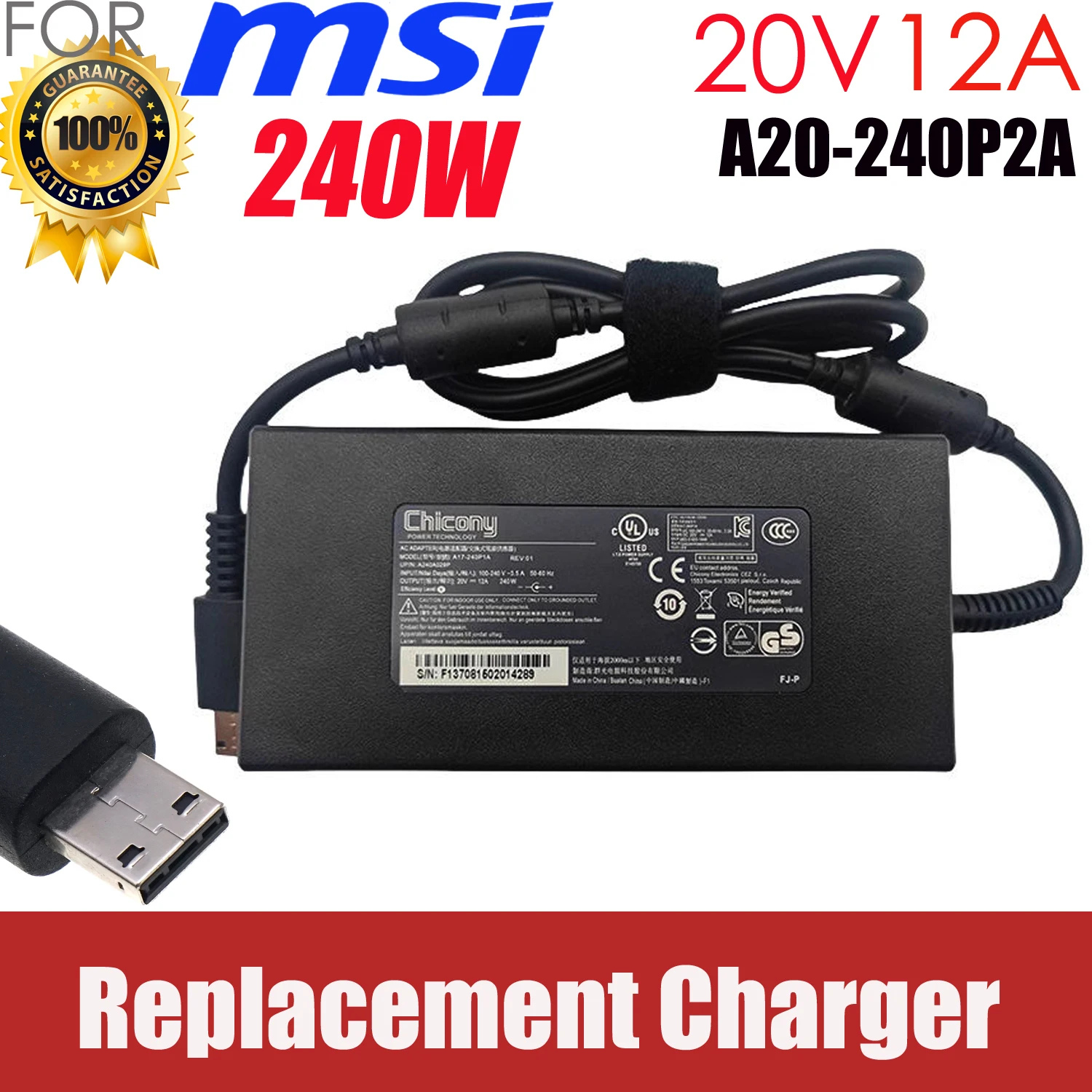 Replacement 20V 12A 240W AC Adapter for MSI Creator Z16P B12UHST GE66 Raider 11UE-642 Gaming Laptop Power Supply A20-240P2A view 2