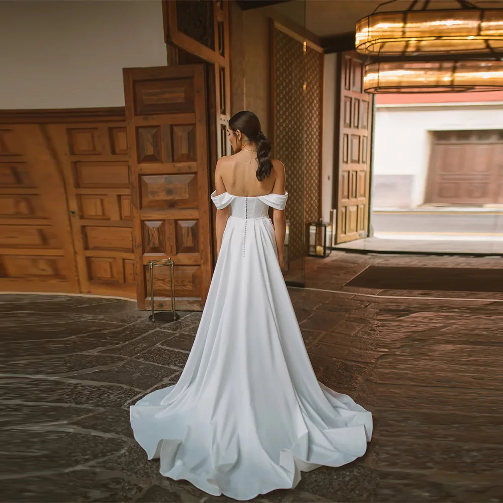 Customized  Pleated Sheath Bridal Gown with Daring High-Split Design Gorgeous White Wedding Dress with Off-the-Shoulder Straps