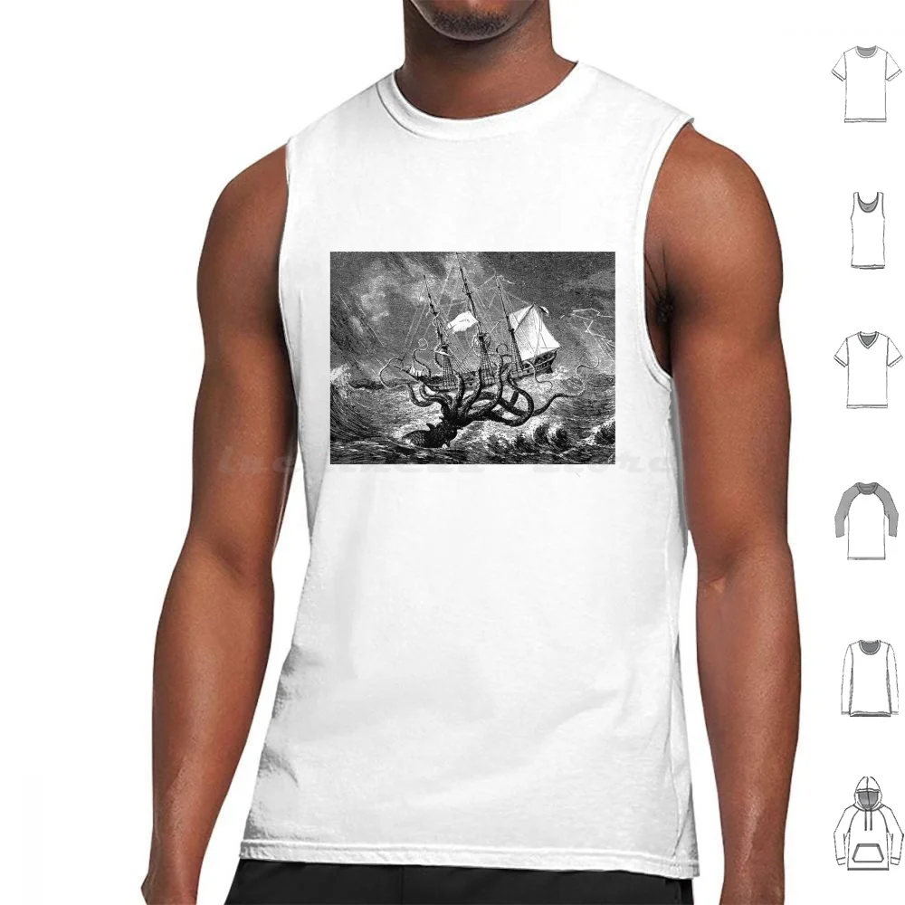 Vintage Kraken Attacking Ship Illustration Tank Tops Print Cotton Sea Monster Kracken Giant Squid Octopus Creature