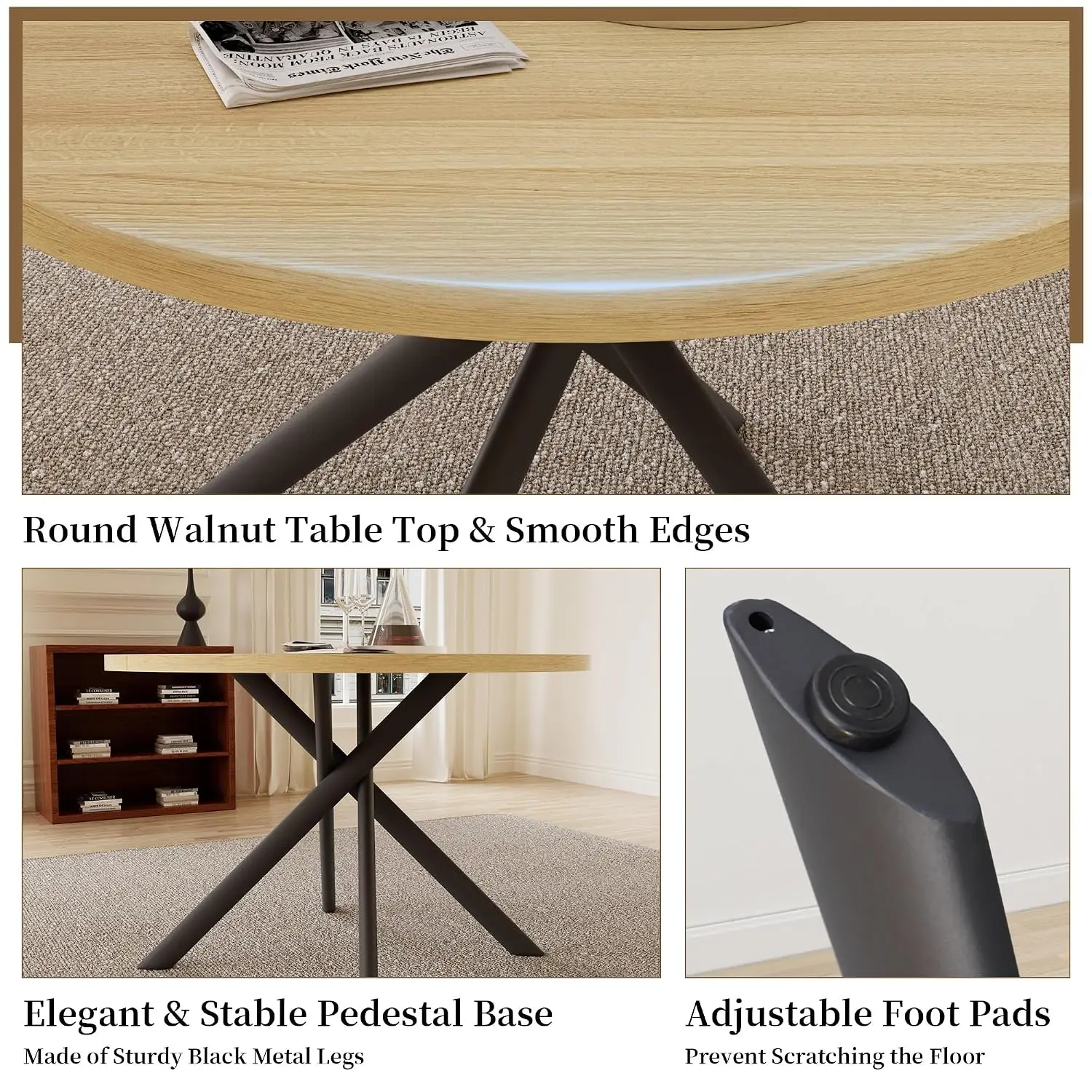 Round Dining Table Set 4 Mid Century Modern Kitchen Coffee Table & 4 U Chairs Apartment Cream Brown, Customized view 4