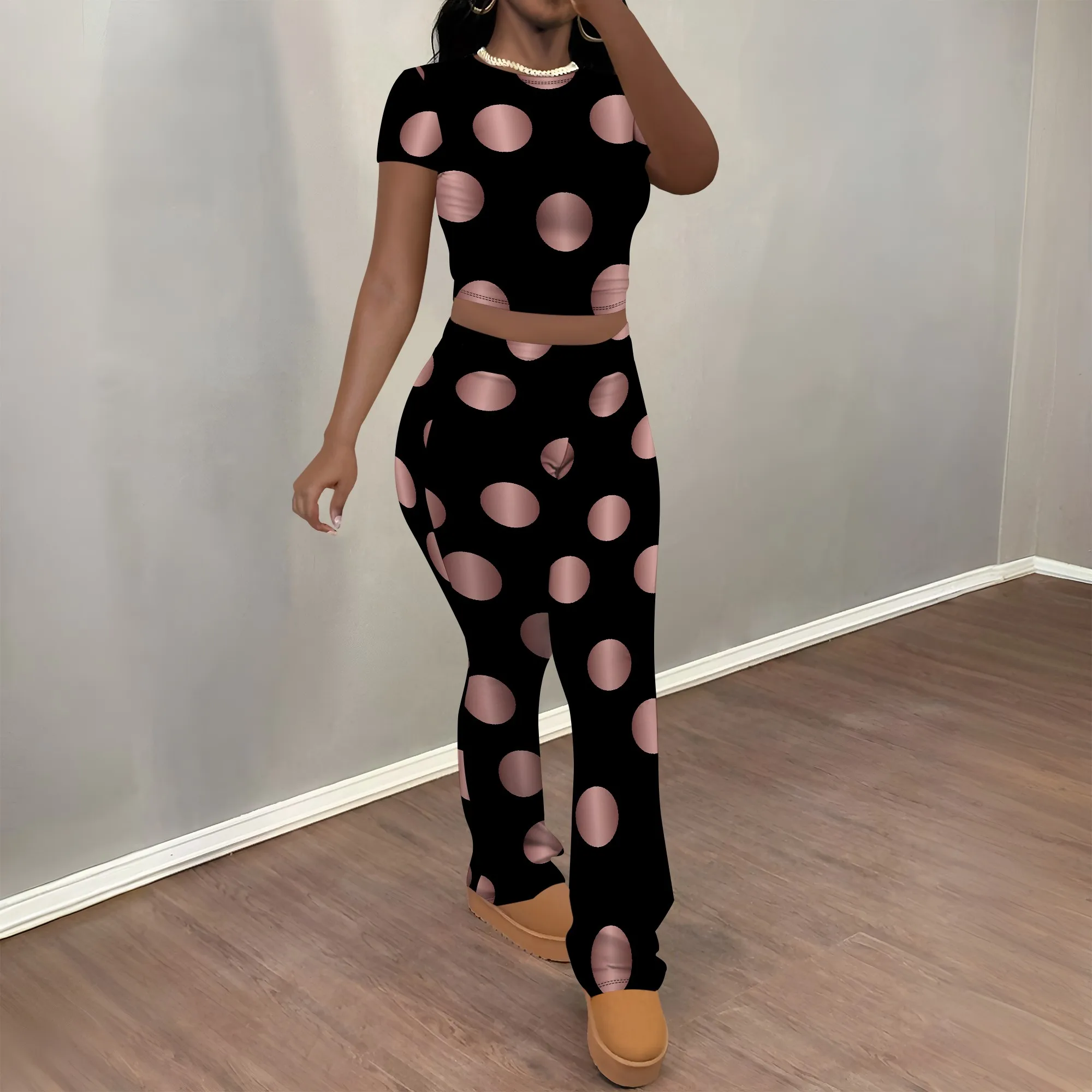 

Nupusa Polka Dot Print Set for Women Summer Casual Short Sleeve Crop Top & Pants