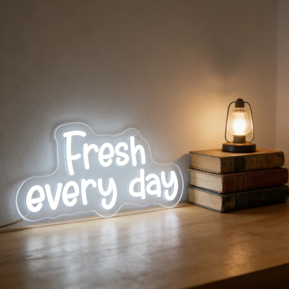 

Fresh Every Day Irregular Shape LED Neon Sign Inspirational Quote for Bedroom Living Room Cafe Bar Home Decor Wall Art Lighting