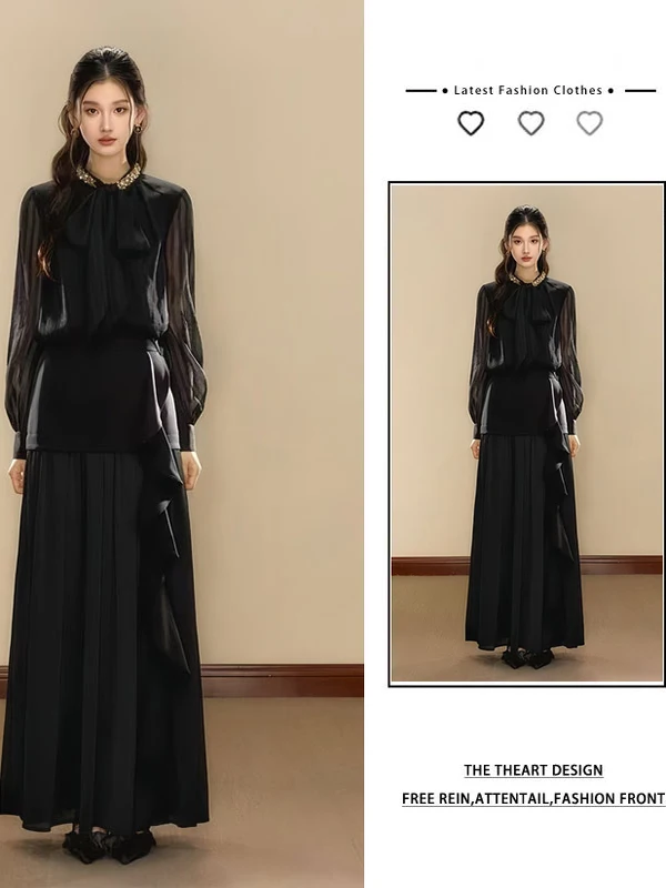 

Fall Faion Women's irt And Slimming Skirt Set Luxury Sensation Long Sve Knitted French Sle Casual Wear for Adults