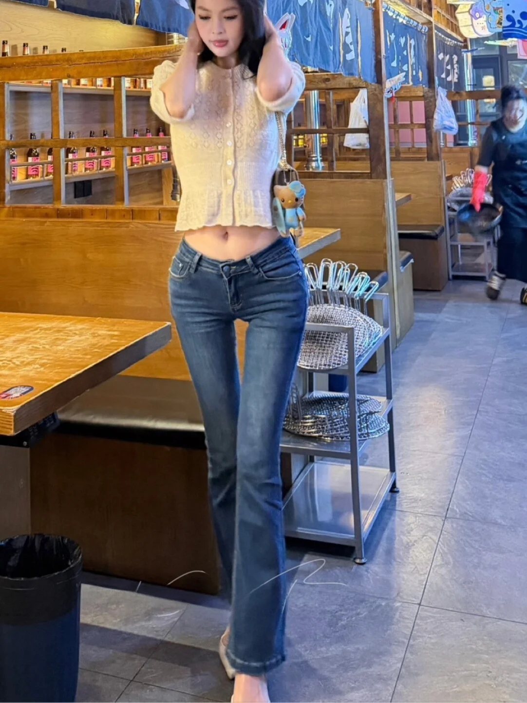 Low Waist High Elastic Slimming Long Pants Women's Micro Flared Denim Jeans Retro Hip Enhancing Vertical Stripe Trendy Style