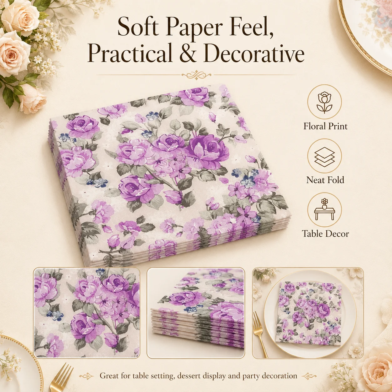 Vintage Rose Floral Party Napkins 20Pcs Paper Napkins for Birthday Wedding Table Decor Afternoon Tea Dessert Party Supplies