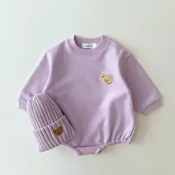 0-2Y Baby Long Sleeve Bear Sweatshirt Romper Sweet Lavender Oversized Terry Cotton Newborn Boy Romper Baby Girl Bodysuits Infant