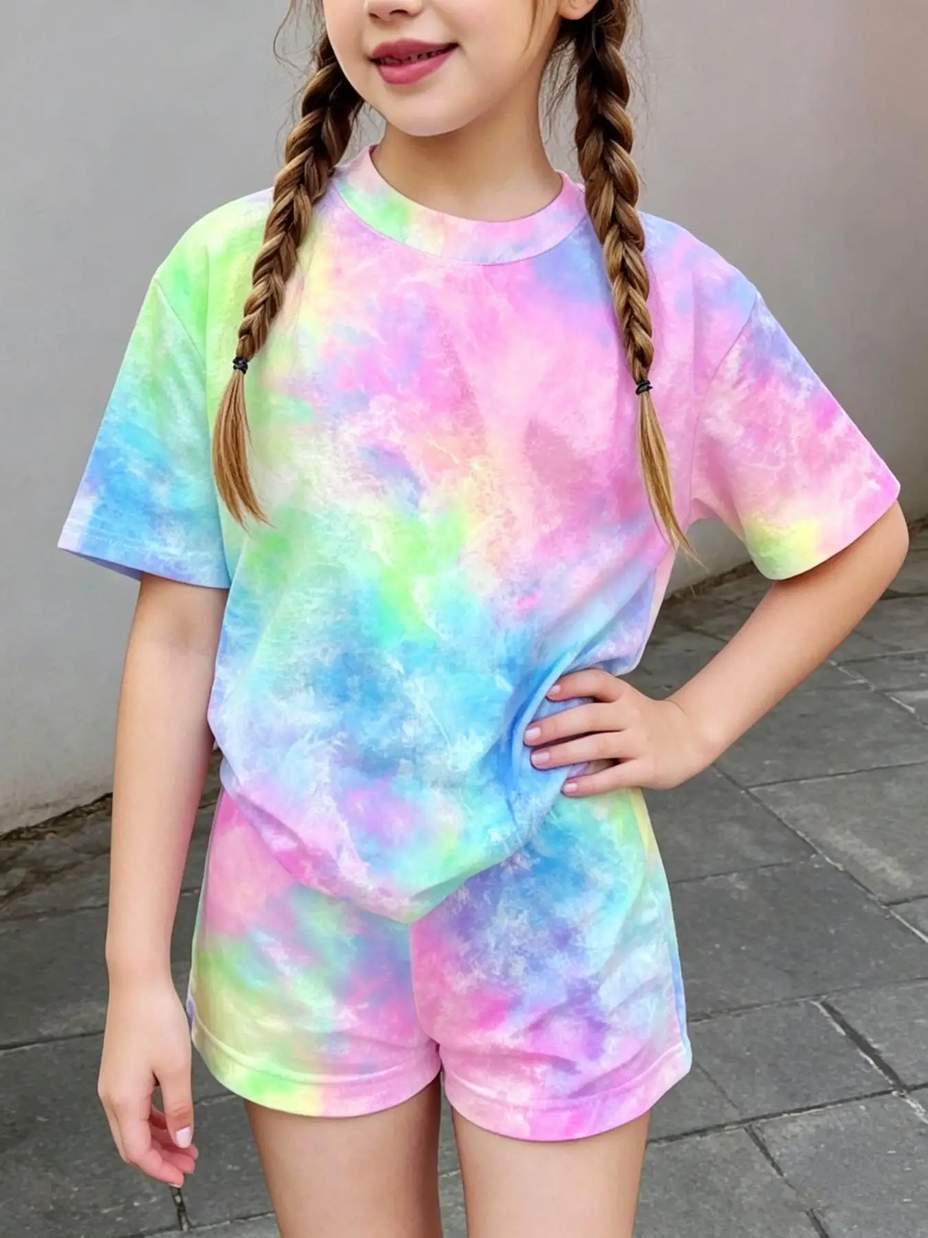 Girls' Summer Casual Set - Casual Loose Short-Sleeved T-Shirt + Elastic Waist Shorts Two-Piece Set, Girls' Summer Street Style Sports Set Suitable for Girls over 3 Years Old