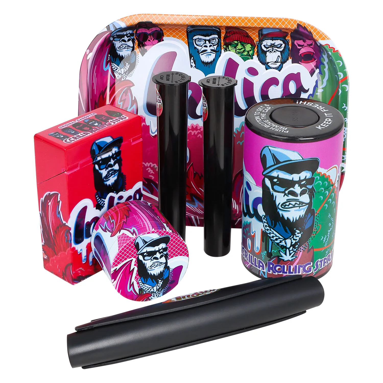 Gorilla Smoking Tobacco Kit Set Rolling Tray Airtight Herb Container Zinc Alloy Smoke Grinder Herbal King Size Roller Machine