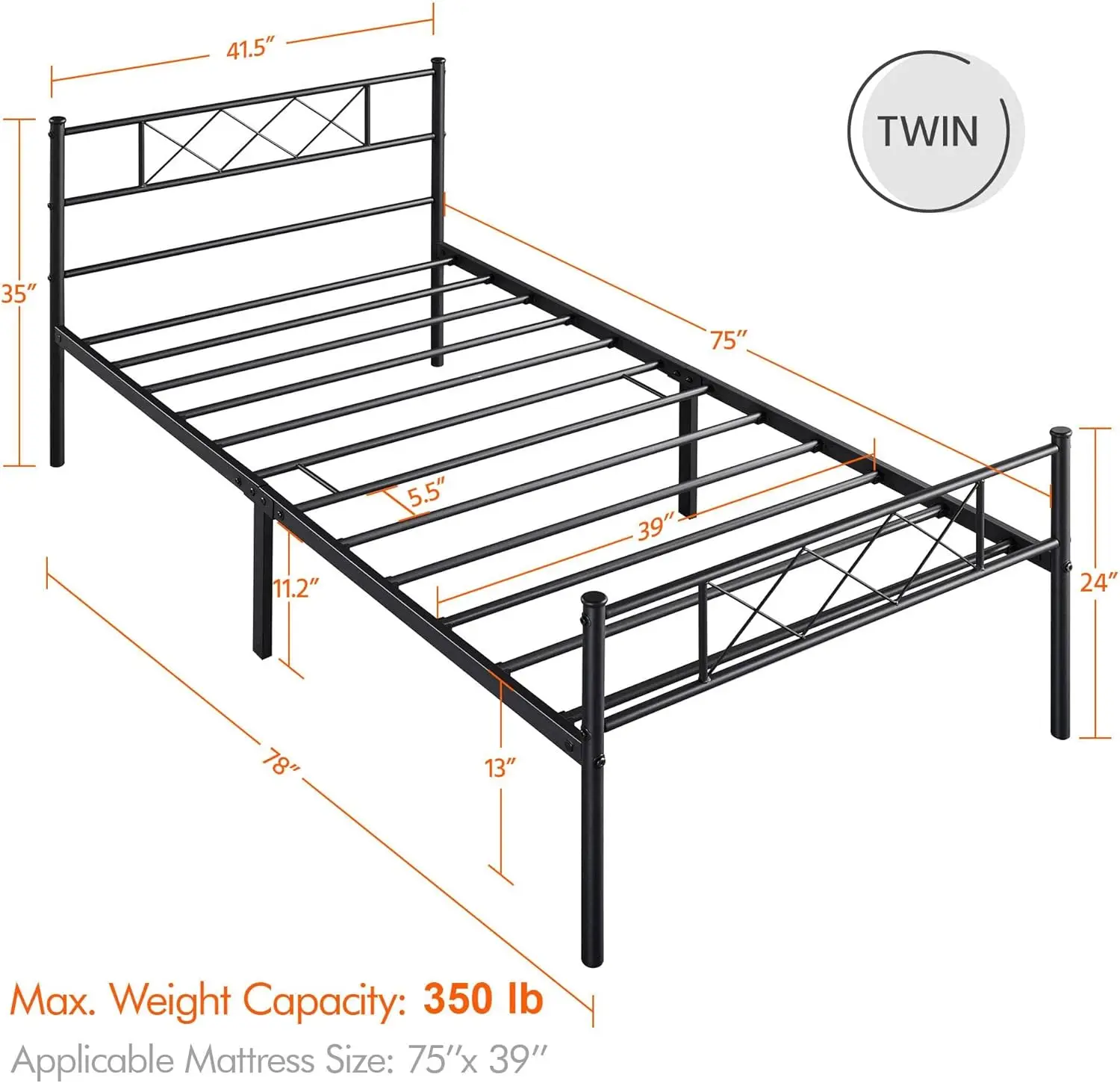 Yaheetech Twin Metal Platform Bed Frame Mattress Foundation with Headboard and Footboard No Box Spring Needed Under Bed Storage