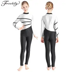 Kids Girl Ballet Dance Leotard Gymnastics Figure Skating Yoga Acrobatics Performance Jumpsuit Long Sleeve Shiny Zipper Bodysuit