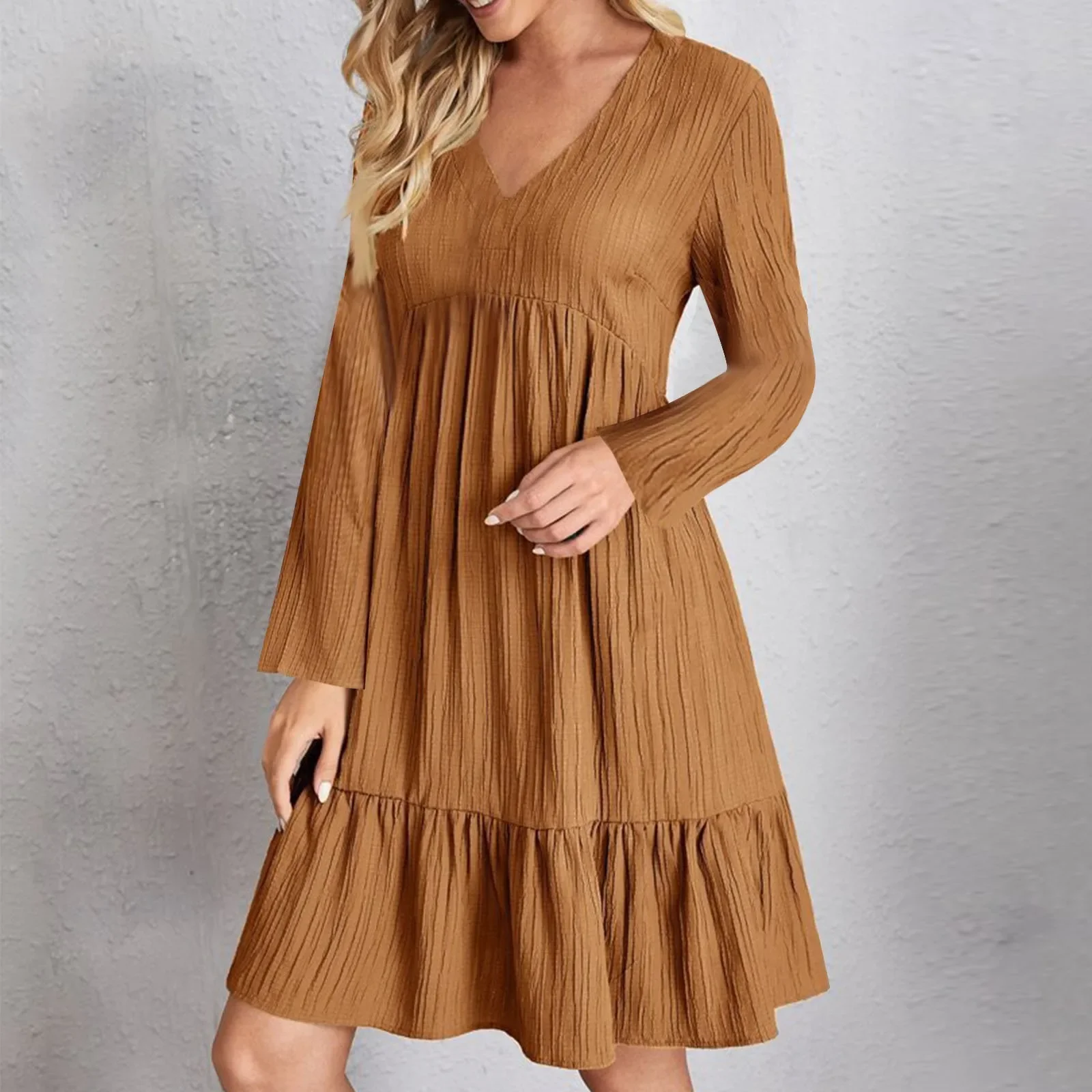 Women Vintage Mini Dresses 2023 Autumn Solid Casual V Neck Ruffles Dress Ladies Boho Loose Beach Party Elegant Dresses Vestidos