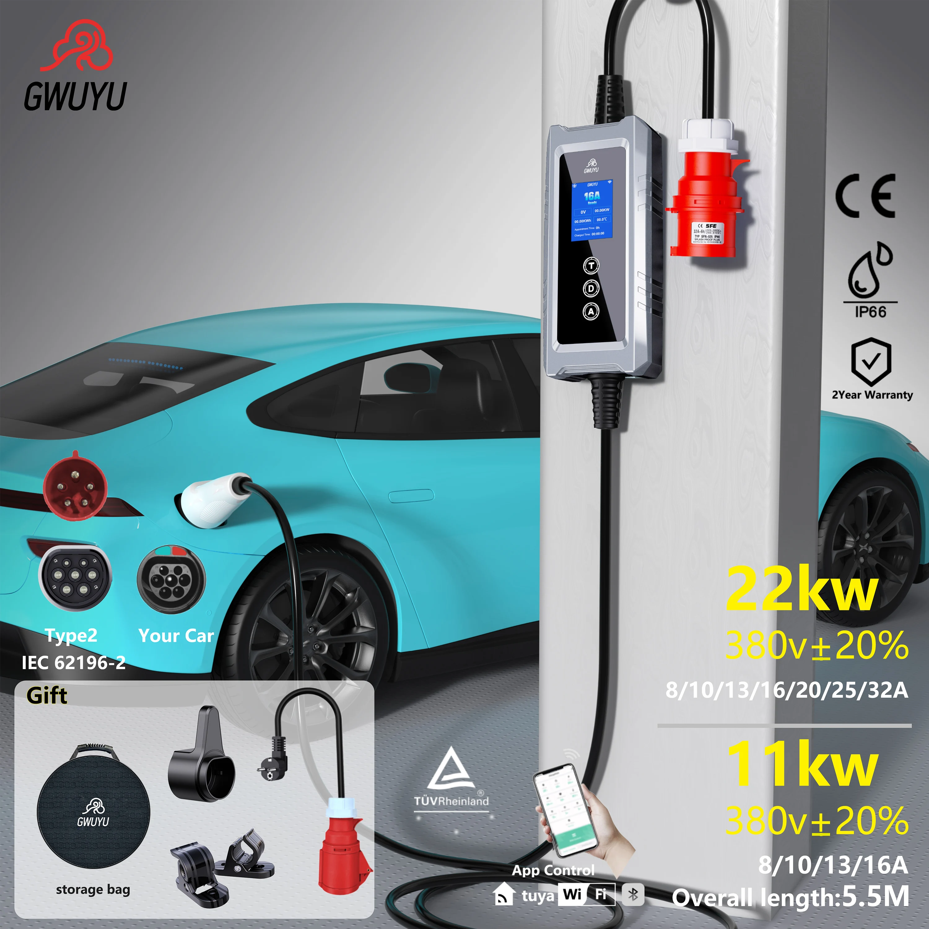 

GWUYU 32A Type2 Зарядные устройства для электромобилей 3 фазы 22 кВт 11 кВт Красный 5-контактный разъем CEE 5 м Кабель WIFI APP Управление Аксессуары для зарядки электромобилей