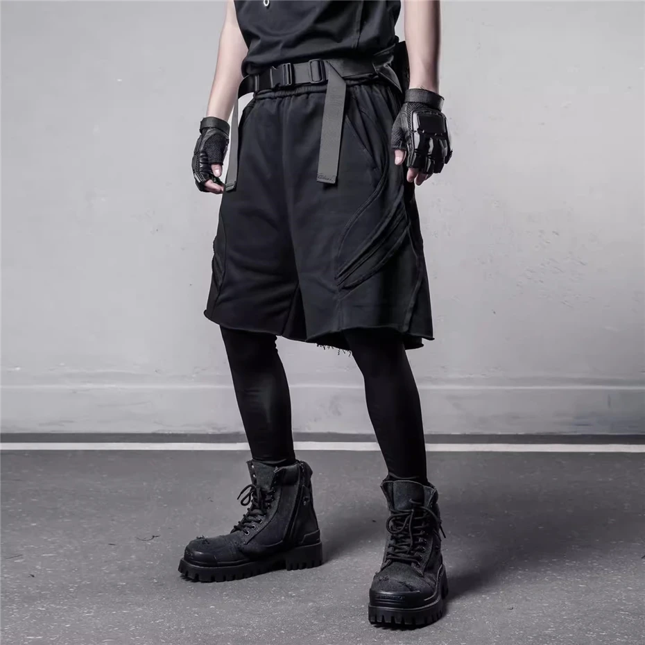 Tactical Raw Edge Shorts Men Streetwear Hip Hop Punk Patchwork Knee Length Pants Harajuku Function Baggy Sport Casual Shorts