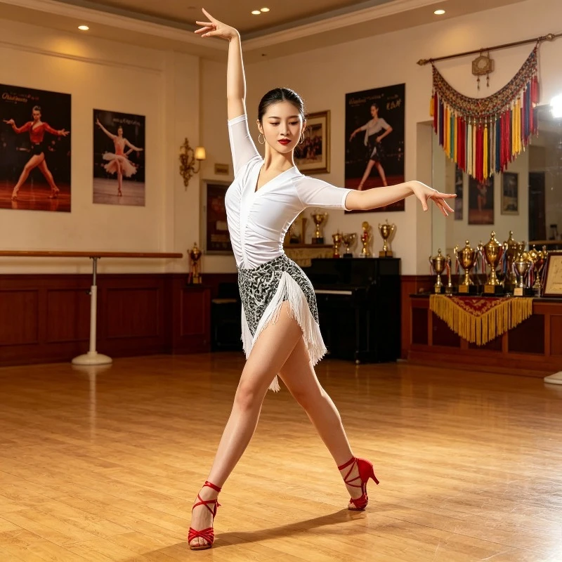 Women V-Neck Short Sleeve Latin Top Regular Fit for Ballroom Tango Practice & Performance performance accessories Dancewear top