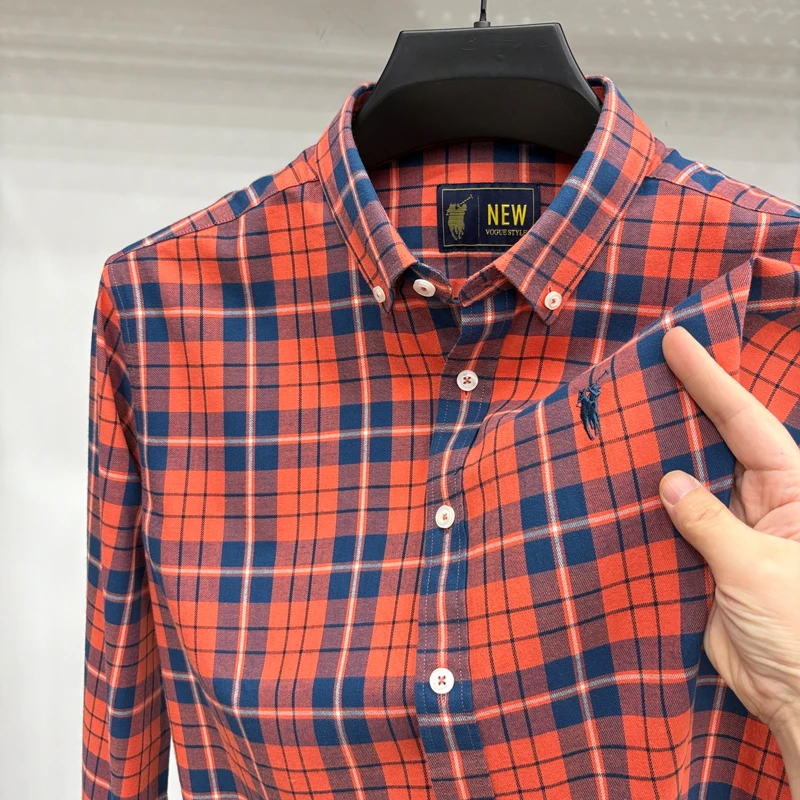 

100%Pure Cotton Long Sleeved Shirt for Men, Autumn New Style, Lapel Embroidered Horse Logo, Fashionable and Casual Checkered Men